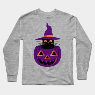 Witchy cat and pumpkin- purple Long Sleeve T-Shirt